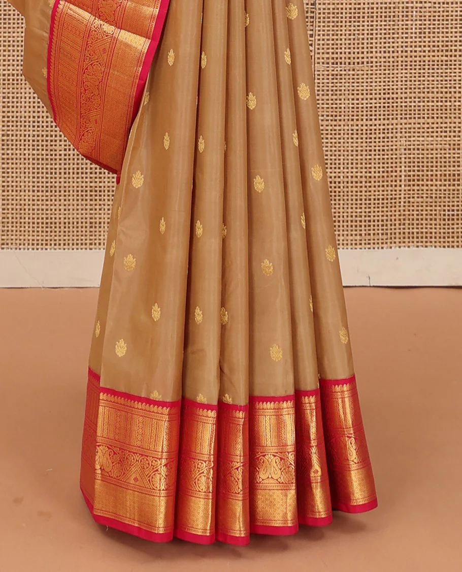 Sandal zari buttas Bangalore silk saree, contrast traditional zari design border, and intricate pallu - Image 5