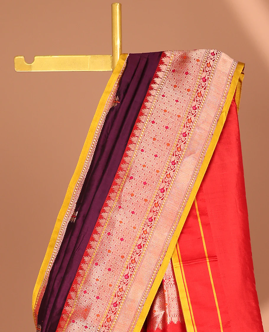 Violet leaf buttas banaras silk saree with contrast zari design border & intricate zari design pallu - Image 3