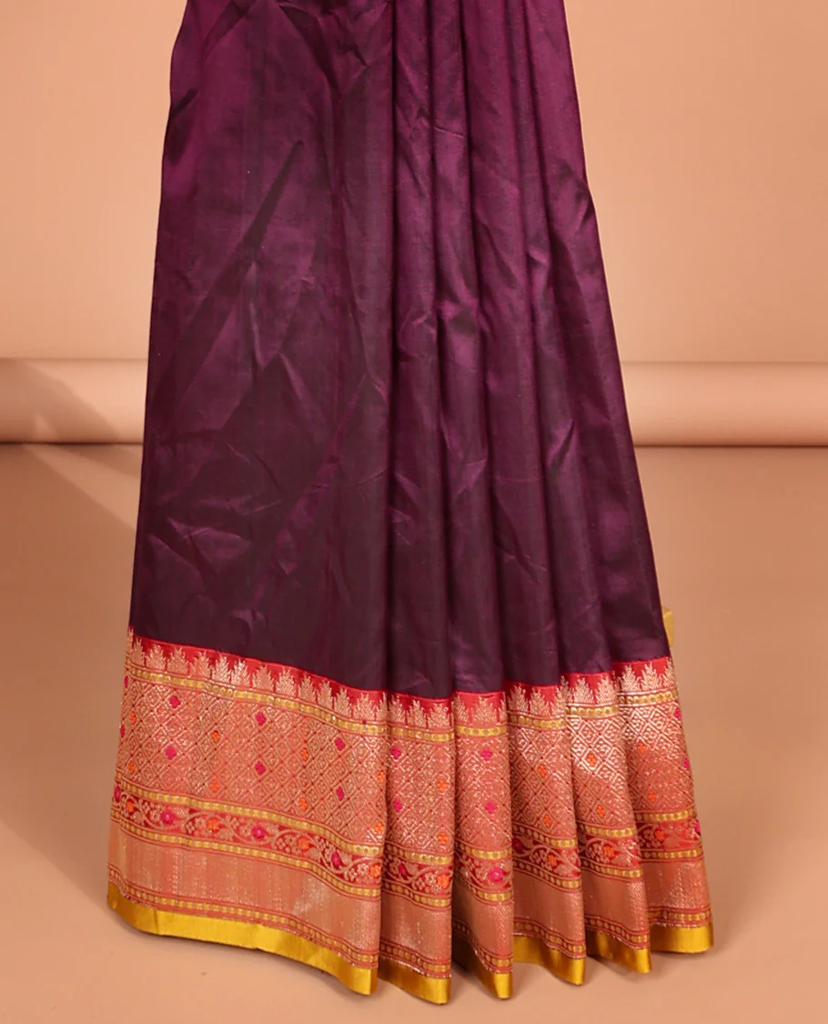 Violet leaf buttas banaras silk saree with contrast zari design border & intricate zari design pallu - Image 4
