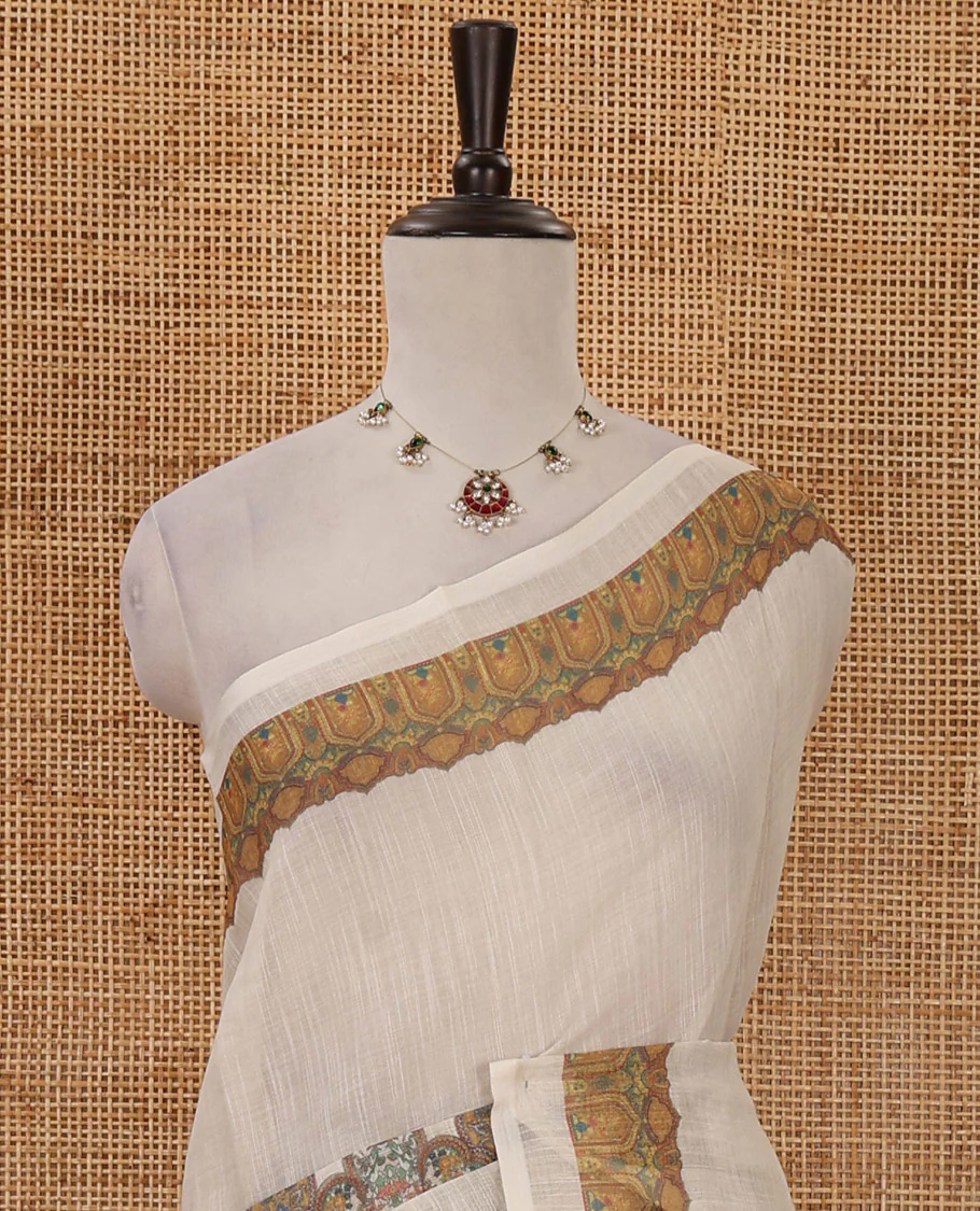 White half-plain & half-printed body linen cotton saree, Mughal-style printed border, Mughal-style printed pallu & scallop printed blouse - Image 3