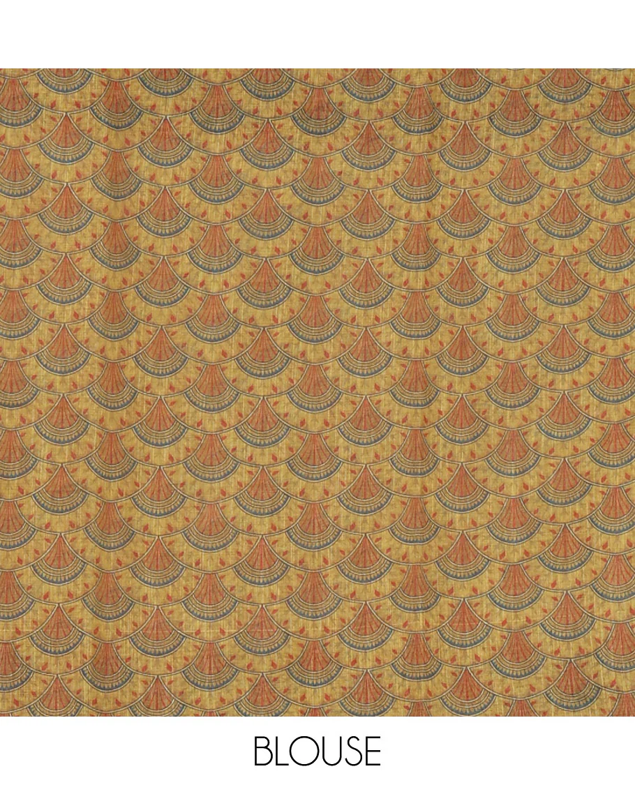 White half-plain & half-printed body linen cotton saree, Mughal-style printed border, Mughal-style printed pallu & scallop printed blouse - Image 4