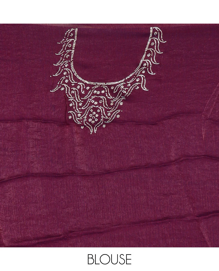 Wine micro stonework Fendi chiffon saree, scallop micro stonework border, stonework paisley pallu, and matching micro stone work blouse - Image 4