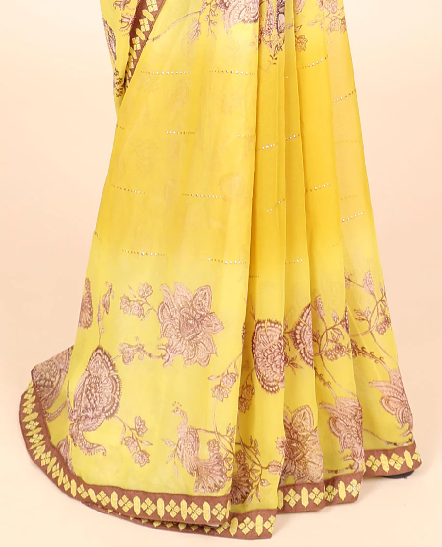 Yellow casual wear saree with floral vine designs on its body, contrast patchwork border - Image 3
