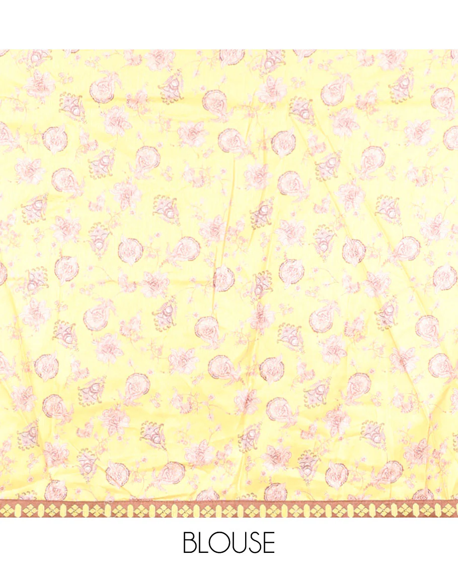 Yellow casual wear saree with floral vine designs on its body, contrast patchwork border - Image 4