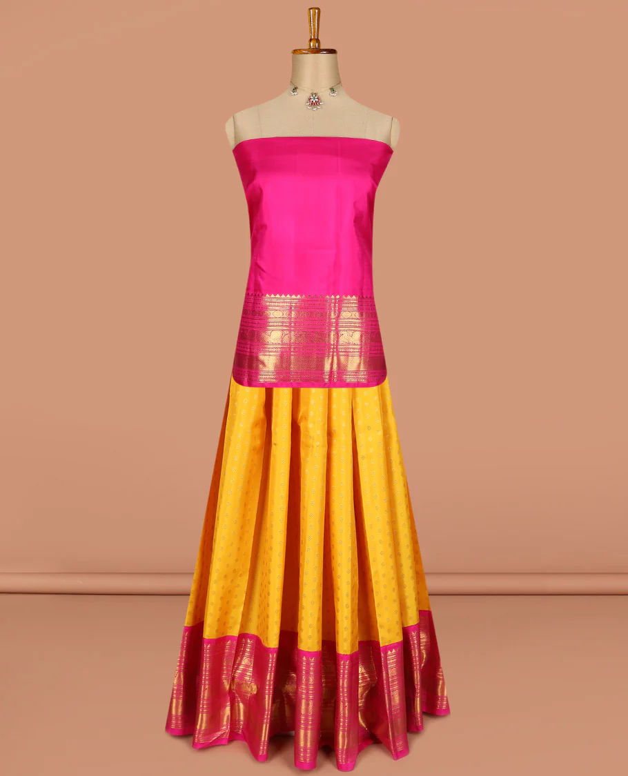 Yellow pure silk half saree, kamalam buttas skirt, contrast border, and blouse of rekku,muthu,kathir,chakram,mayil and kuyil kann, and zari checked dhavani - Image 3