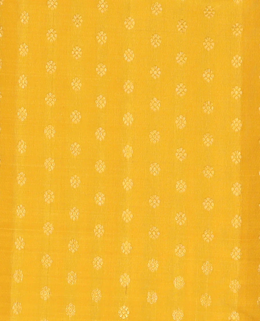Yellow pure silk half saree, kamalam buttas skirt, contrast border, and blouse of rekku,muthu,kathir,chakram,mayil and kuyil kann, and zari checked dhavani - Image 4