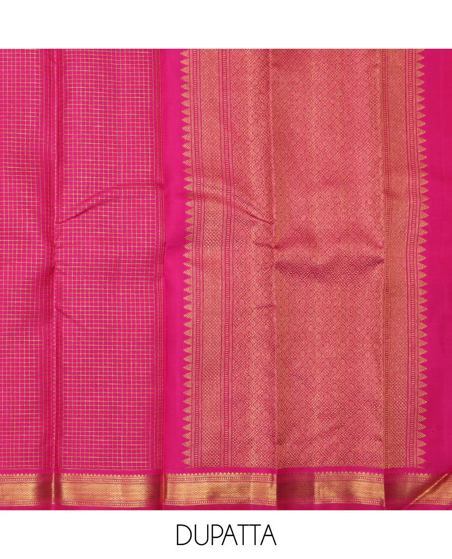 Yellow pure silk half saree, kamalam buttas skirt, contrast border, and blouse of rekku,muthu,kathir,chakram,mayil and kuyil kann, and zari checked dhavani - Image 5