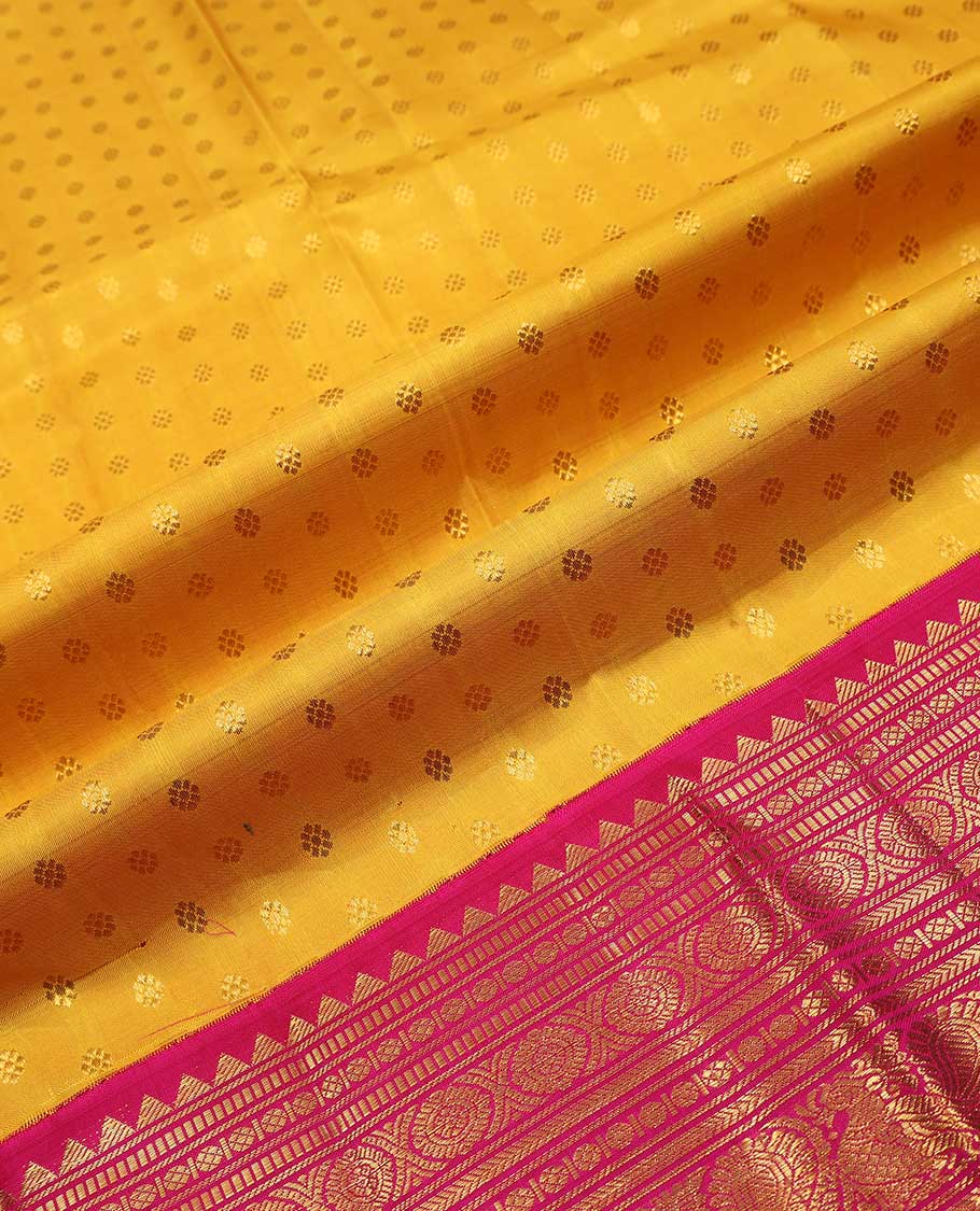 Yellow pure silk half saree, kamalam buttas skirt, contrast border, and blouse of rekku,muthu,kathir,chakram,mayil and kuyil kann, and zari checked dhavani - Image 6
