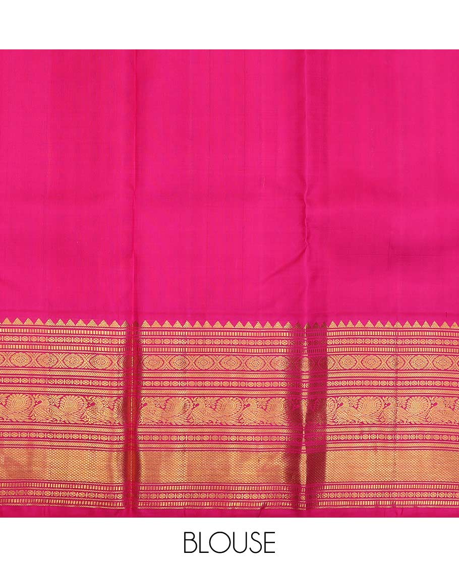 Yellow pure silk half saree, kamalam buttas skirt, contrast border, and blouse of rekku,muthu,kathir,chakram,mayil and kuyil kann, and zari checked dhavani - Image 7