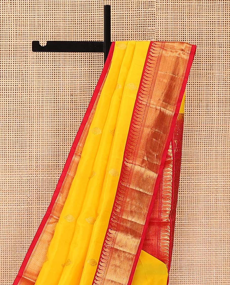Yellow zari buttas Bangalore silk saree, contrast traditional zari border of paisleys, and floral jaal pallu - Image 3