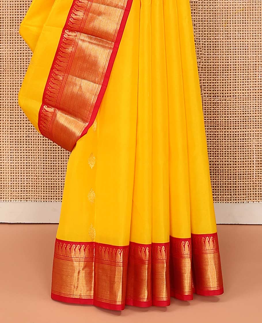 Yellow zari buttas Bangalore silk saree, contrast traditional zari border of paisleys, and floral jaal pallu - Image 4