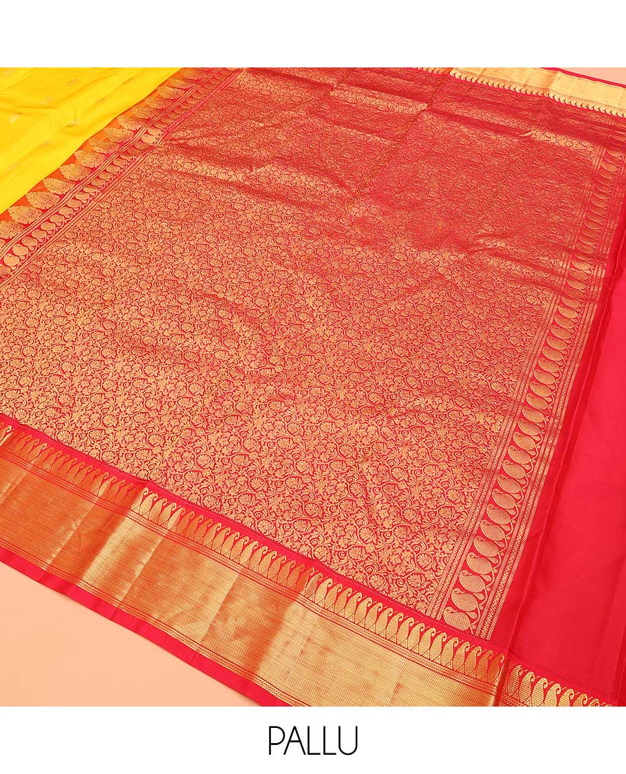 Yellow zari buttas Bangalore silk saree, contrast traditional zari border of paisleys, and floral jaal pallu - Image 5